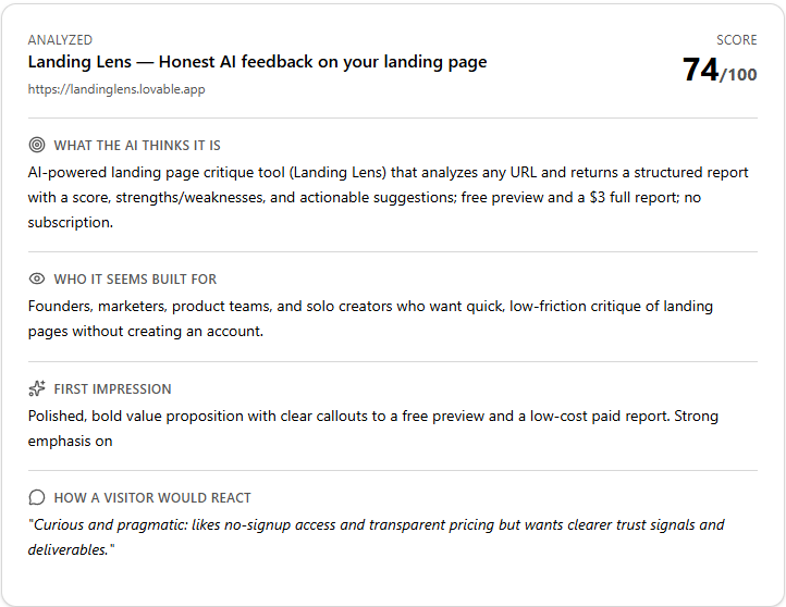 Analyze report overview with score, product guess, and visitor reaction