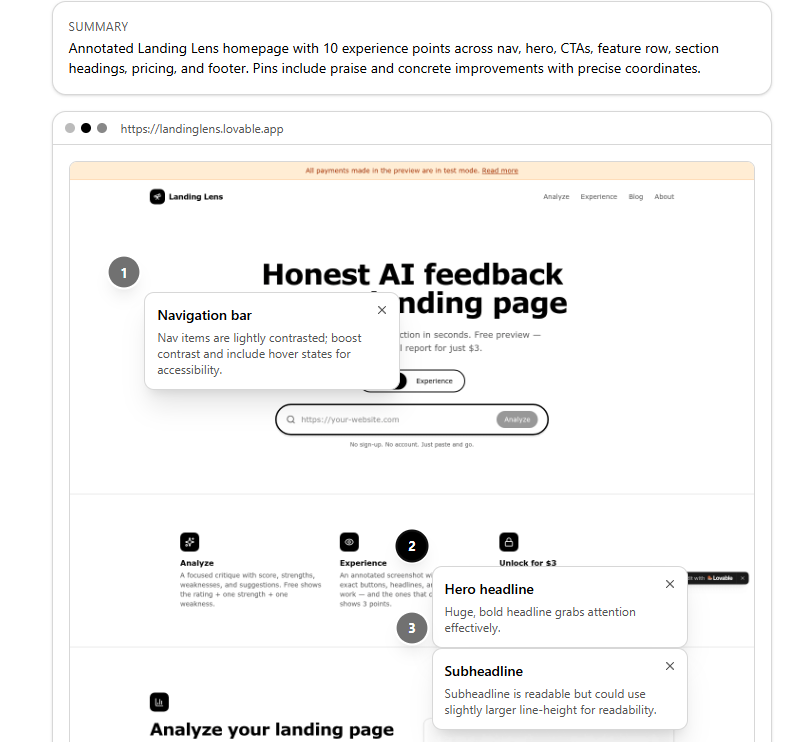 Experience report screenshot showing an annotated page with pinned feedback points